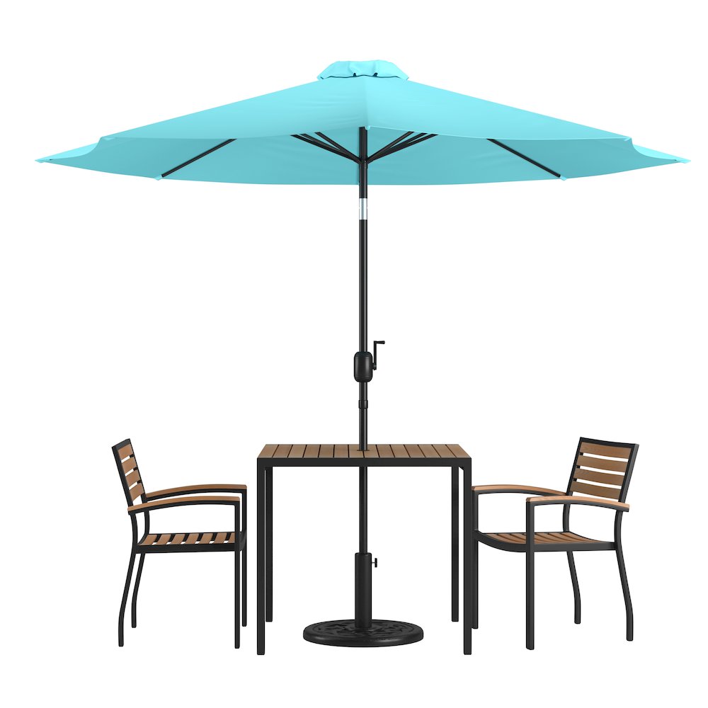 5 Piece Table Set - 2 Stackable Chairs, 36" Table, Teal Umbrella, Base. Picture 1