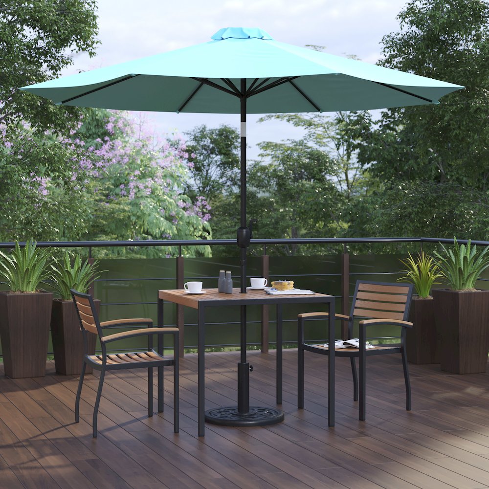 5 Piece Table Set - 2 Stackable Chairs, 36" Table, Teal Umbrella, Base. Picture 2