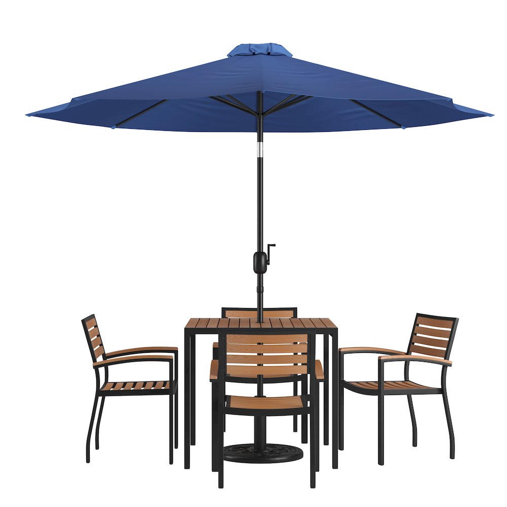 7 Piece Patio Table Set with 4 Stackable Chairs, 35" Table, Navy Umbrella, Base. Picture 1