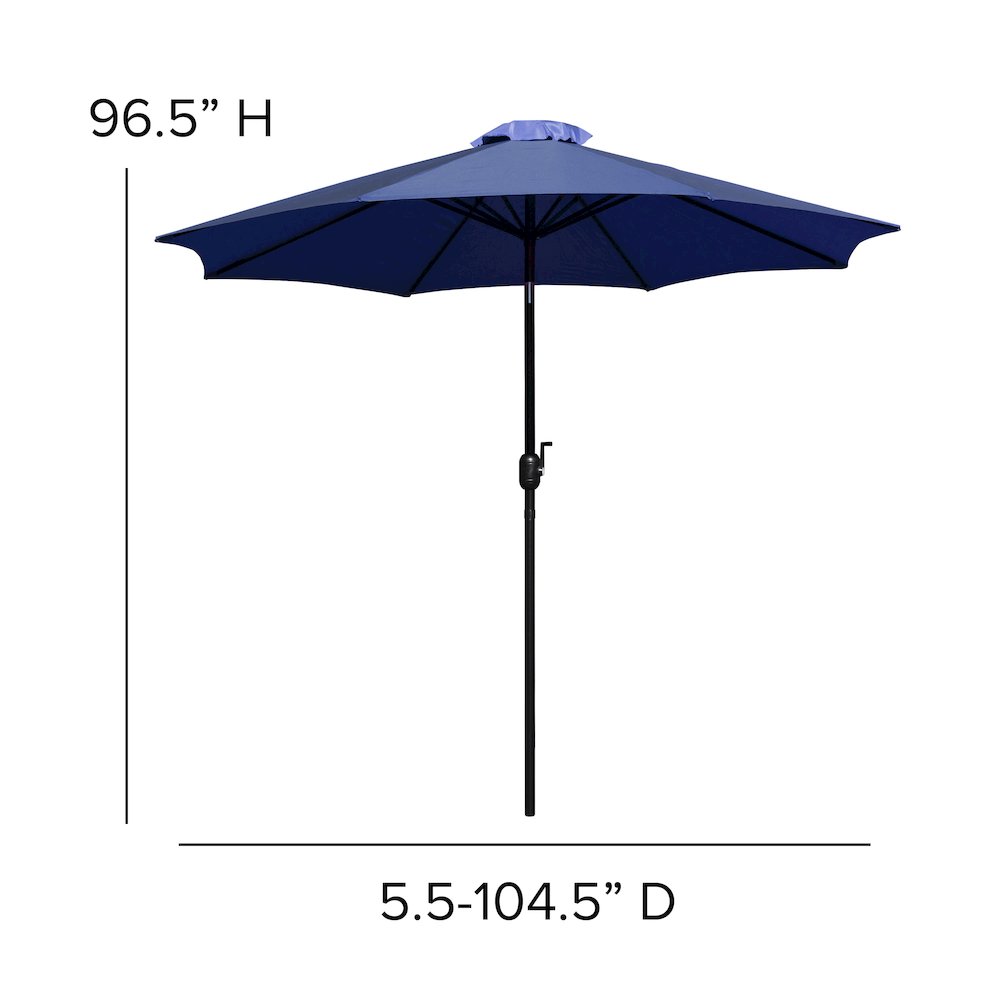 7 Piece Patio Table Set with 4 Stackable Chairs, 35" Table, Navy Umbrella, Base. Picture 10
