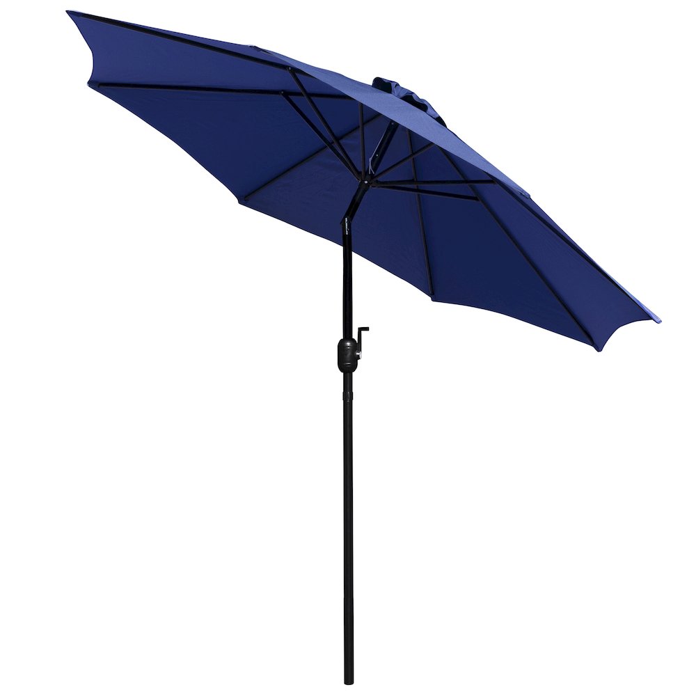 7 Piece Patio Table Set with 4 Stackable Chairs, 35" Table, Navy Umbrella, Base. Picture 12