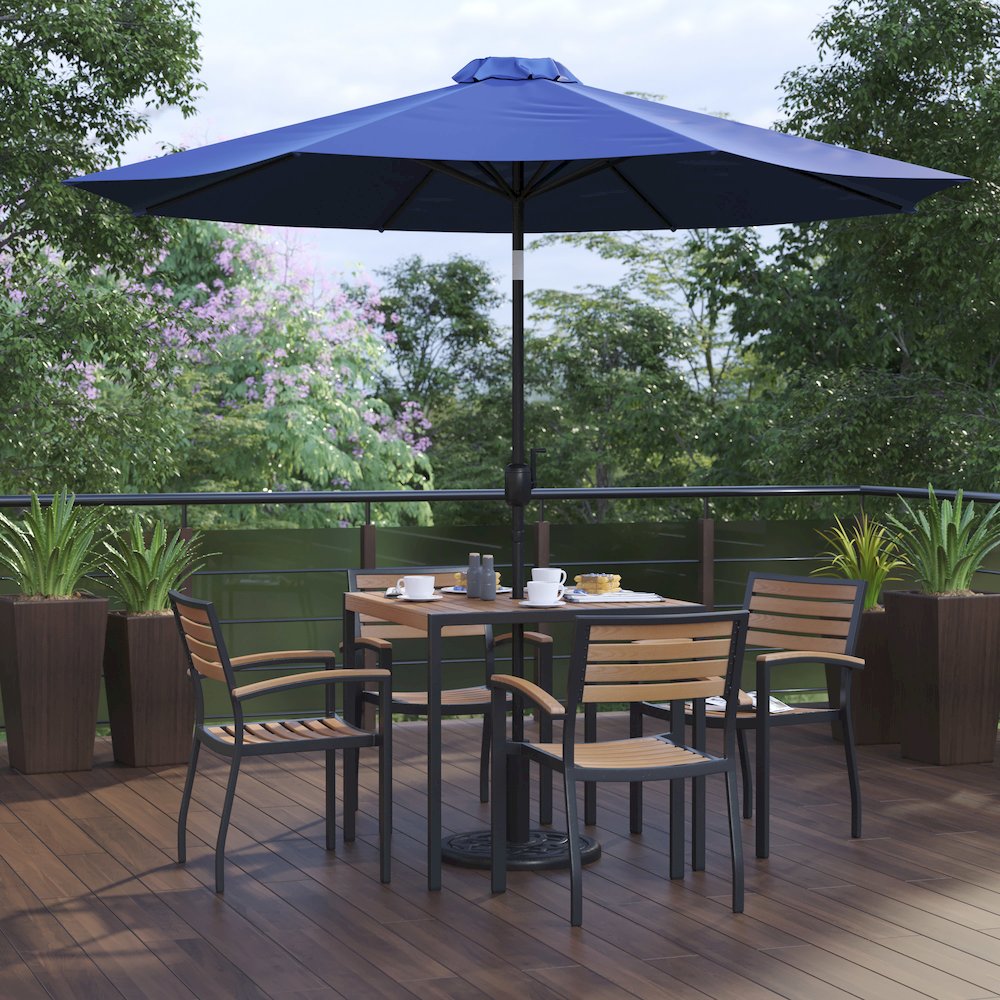 7 Piece Patio Table Set with 4 Stackable Chairs, 35" Table, Navy Umbrella, Base. Picture 2