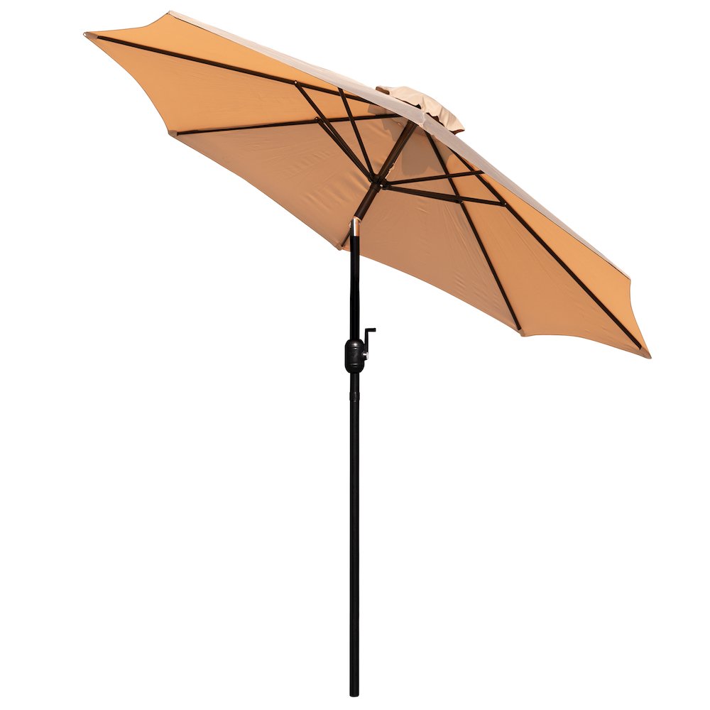 5 Piece Patio Set - 2 Stacking Chairs, 35" Table, Tan Umbrella, Base. Picture 12