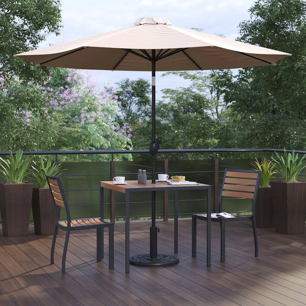 5 Piece Patio Set - 2 Stacking Chairs, 35" Table, Tan Umbrella, Base. Picture 2
