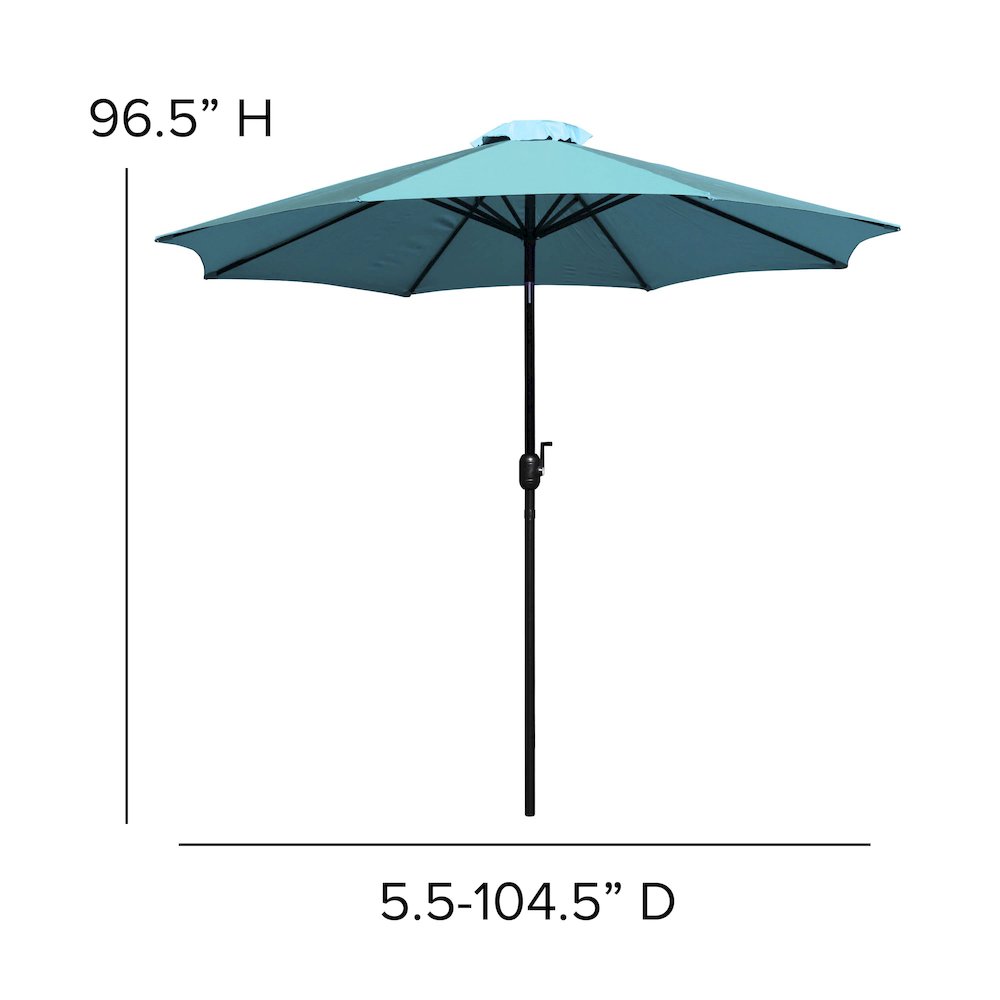 7 Piece Patio Set-4 Stacking Chairs, 35" Table, Teal Umbrella, Base. Picture 10