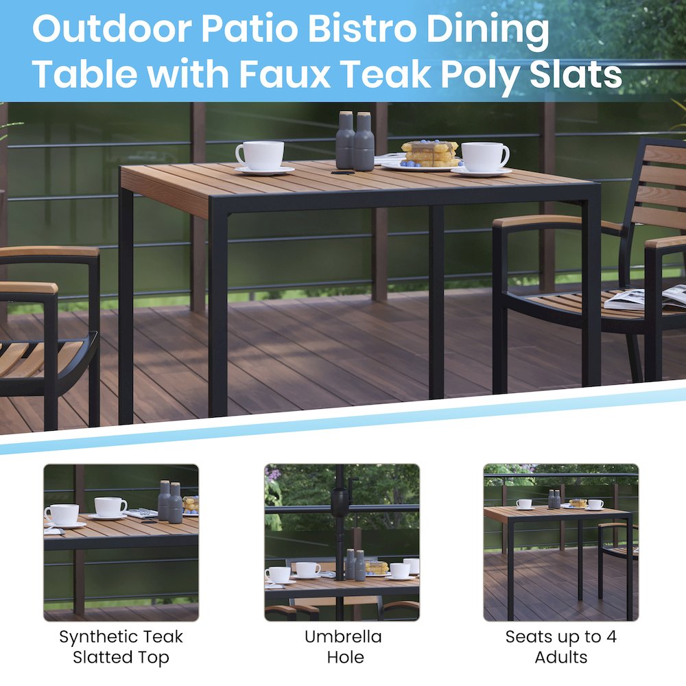 7 Piece Patio Set-4 Stacking Chairs, 35" Table, Teal Umbrella, Base. Picture 4