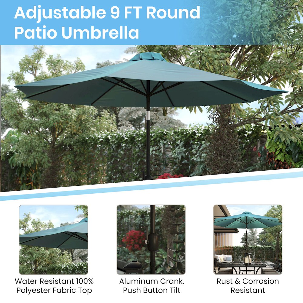 7 Piece Patio Set-4 Stacking Chairs, 35" Table, Teal Umbrella, Base. Picture 6