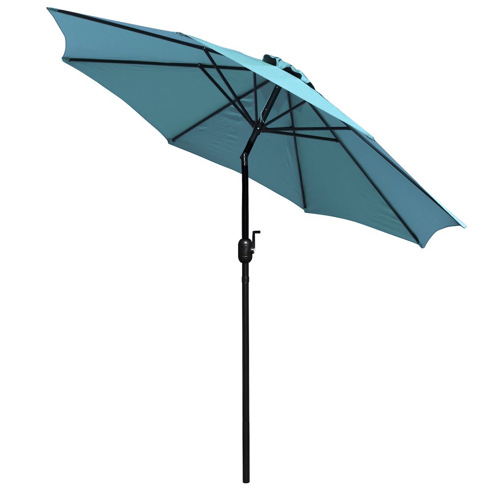 7 Piece Patio Set-4 Stacking Chairs, 35" Table, Teal Umbrella, Base. Picture 12