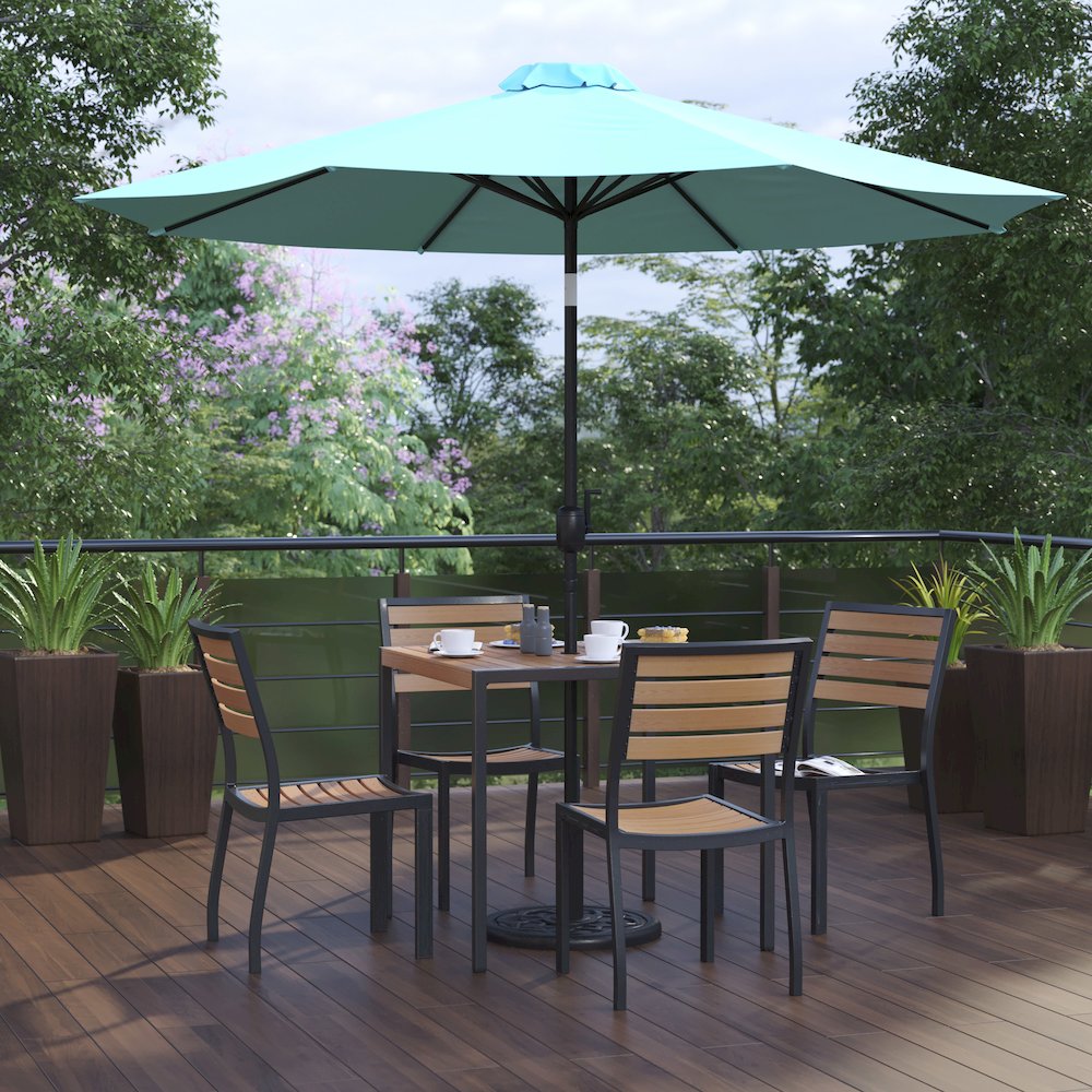 7 Piece Patio Set-4 Stacking Chairs, 35" Table, Teal Umbrella, Base. Picture 2