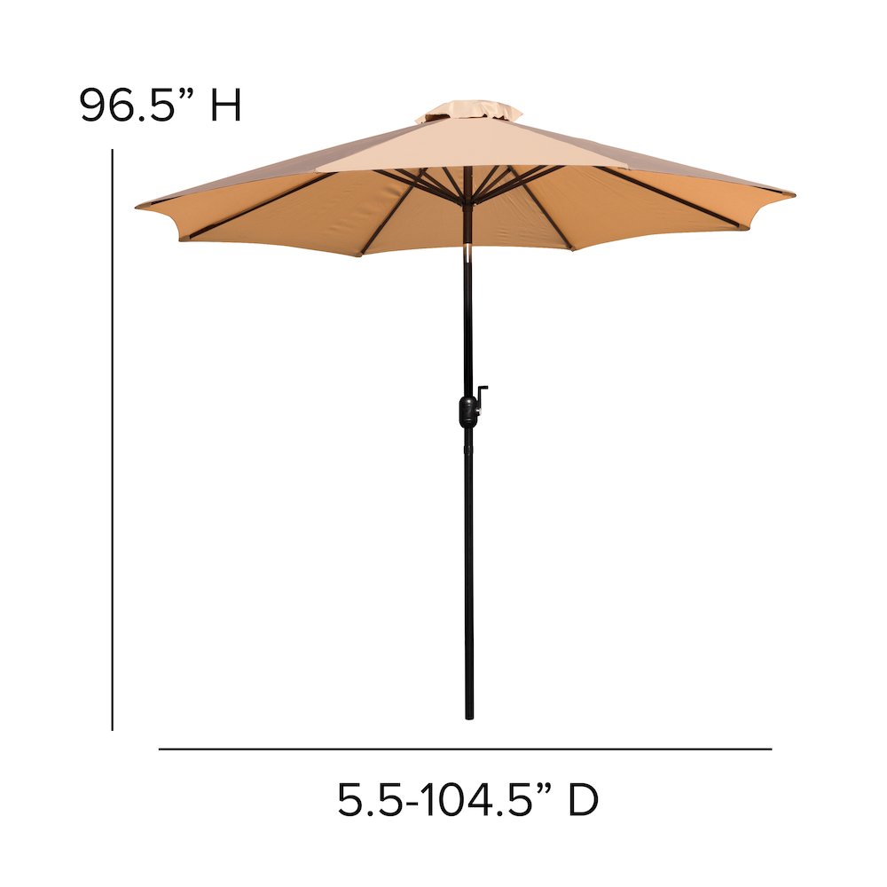 7 Piece Patio Set - 4 Stacking Chairs, 35" Table, Tan Umbrella, Base. Picture 10