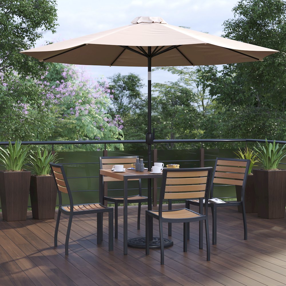 7 Piece Patio Set - 4 Stacking Chairs, 35" Table, Tan Umbrella, Base. Picture 2
