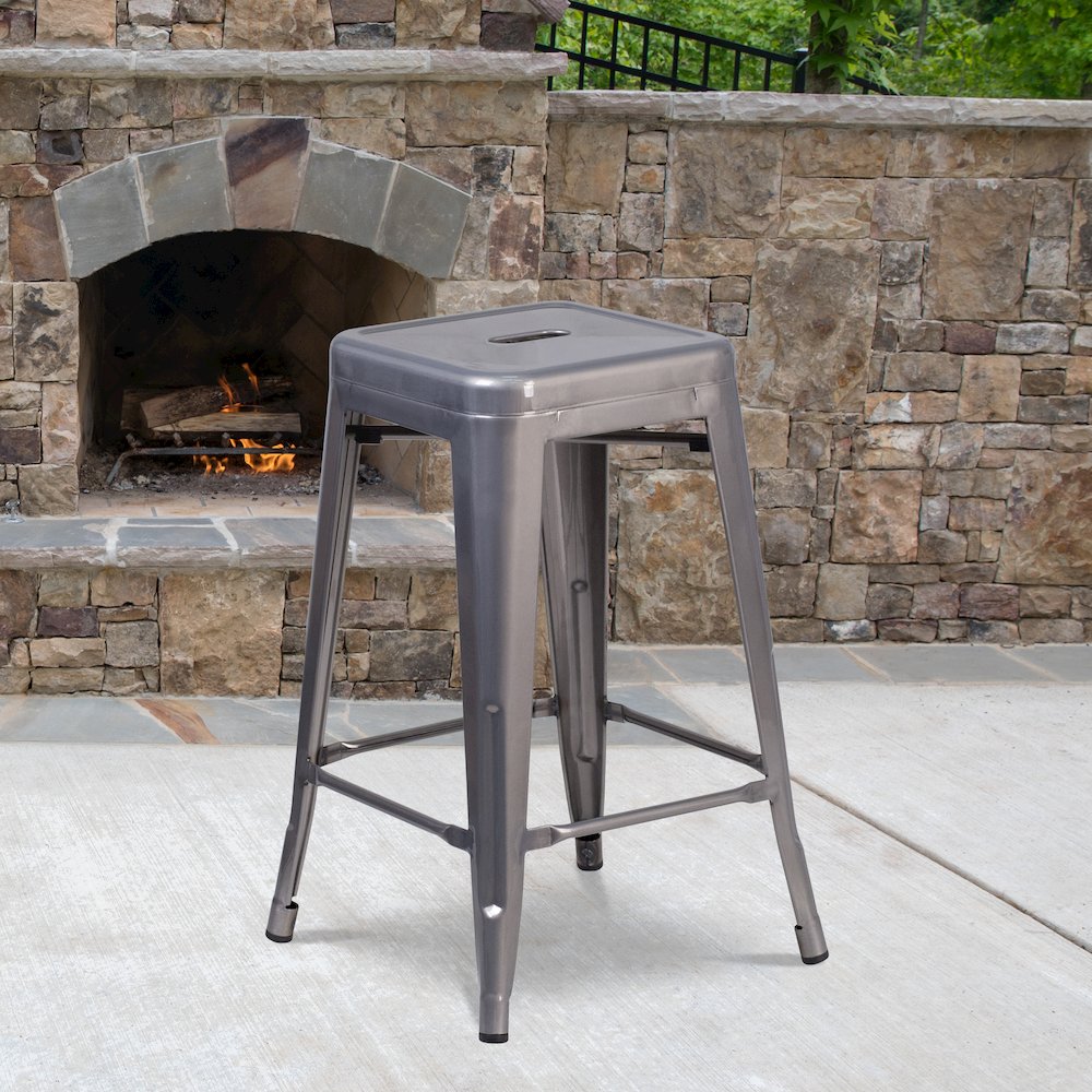 24'' High Backless Clear Coated Metal Indoor Counter Height Stool with Seat. Picture 2