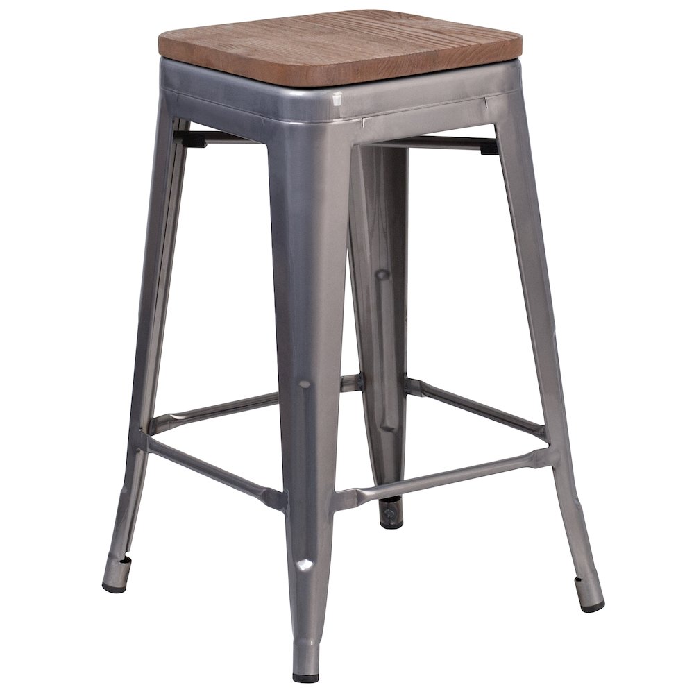24" High Backless Clear Coated Metal Counter Height Stool with Square Wood Seat. Picture 1