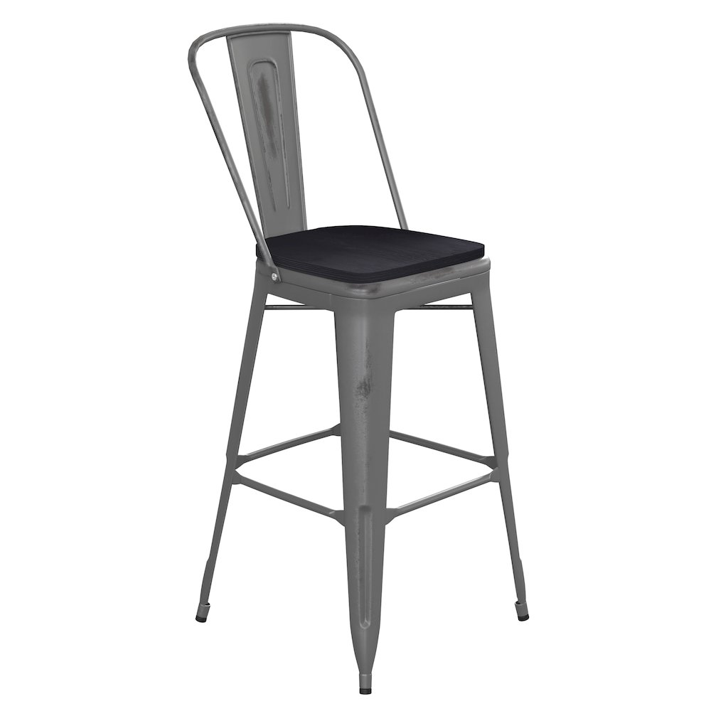 30'' High Clear Coated Indoor Barstool with Back and Black Poly Resin Wood Seat. Picture 1