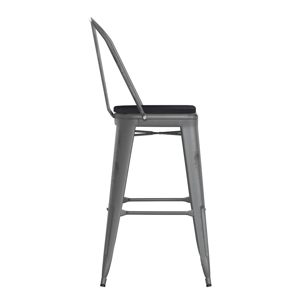 30'' High Clear Coated Indoor Barstool with Back and Black Poly Resin Wood Seat. Picture 10