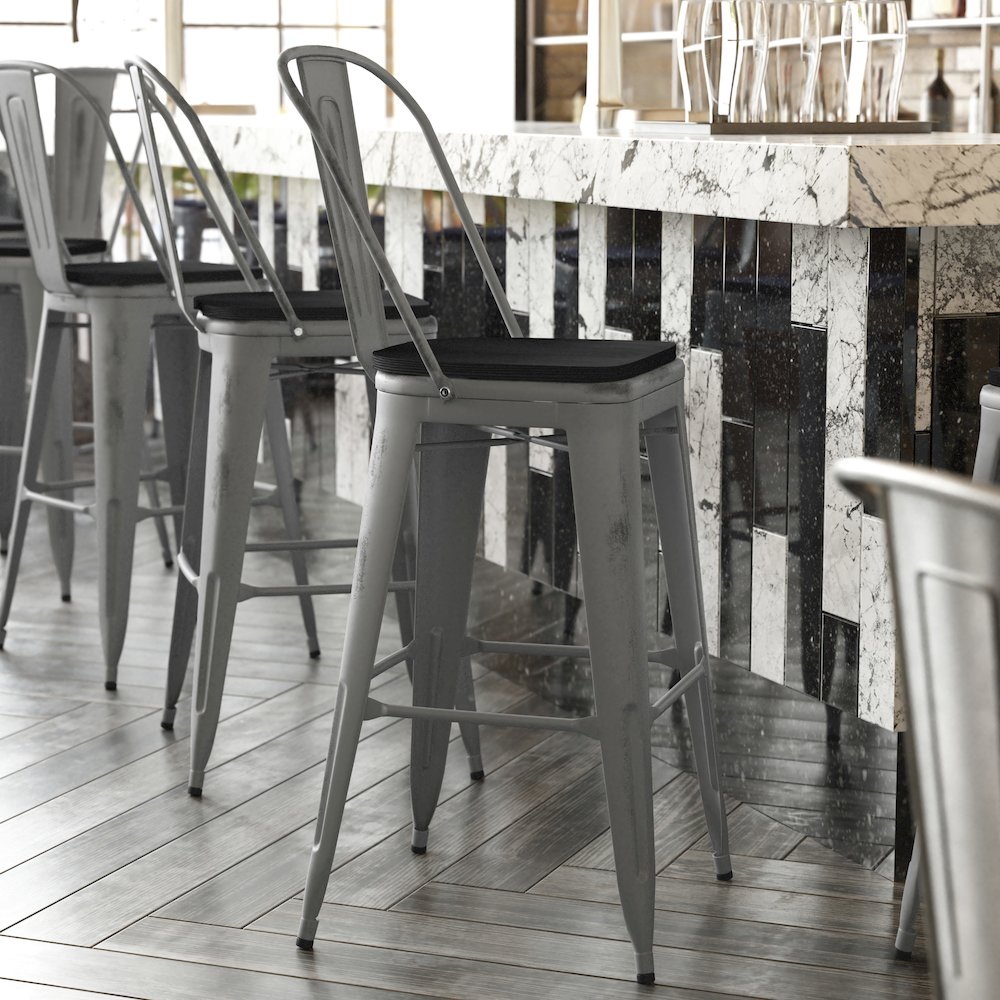 30'' High Clear Coated Indoor Barstool with Back and Black Poly Resin Wood Seat. Picture 2