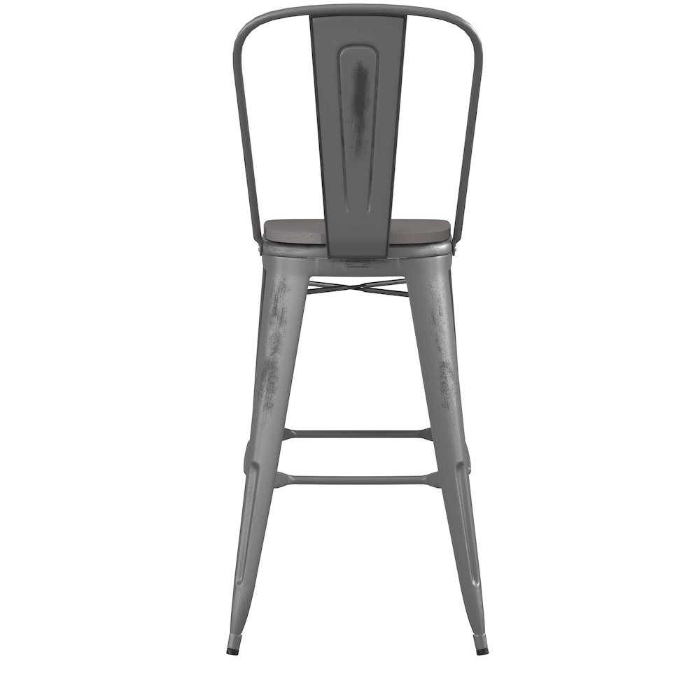 30'' High Clear Coated Indoor Barstool with Back and Gray Poly Resin Wood Seat. Picture 9