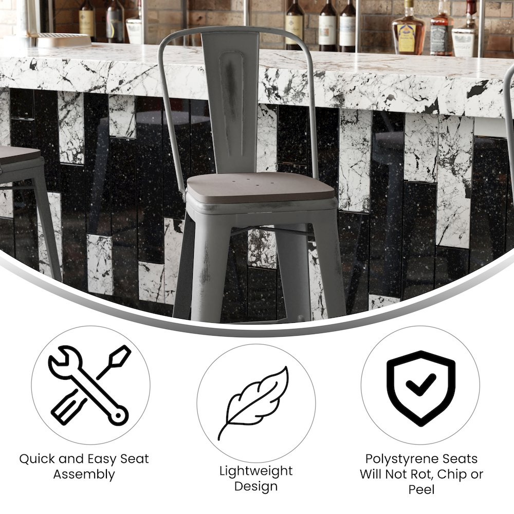 30'' High Clear Coated Indoor Barstool with Back and Gray Poly Resin Wood Seat. Picture 4