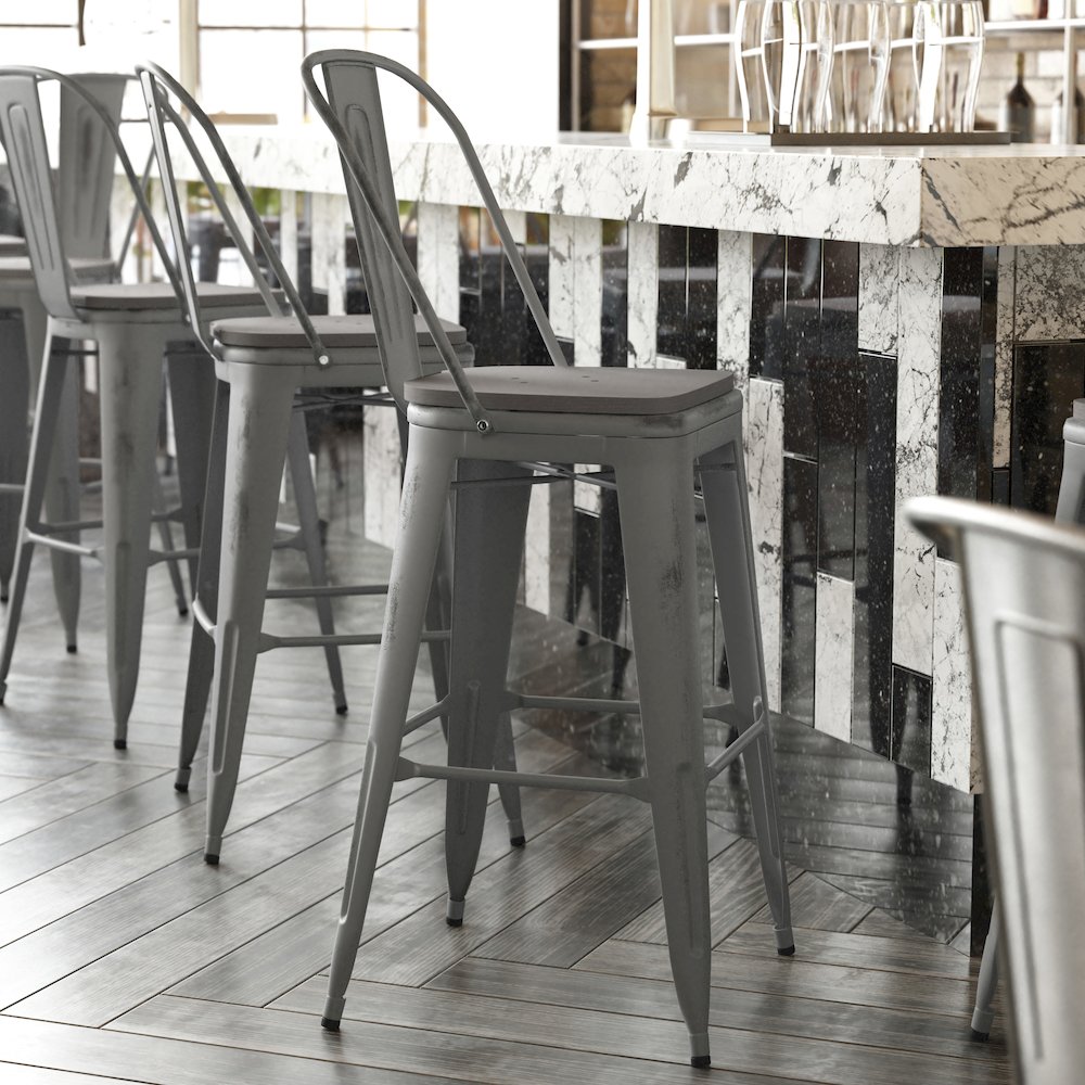 30'' High Clear Coated Indoor Barstool with Back and Gray Poly Resin Wood Seat. Picture 2