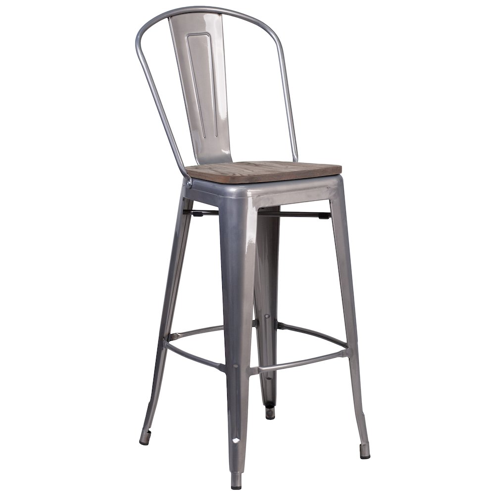 30" High Clear Coated Barstool with Back and Wood Seat. Picture 1