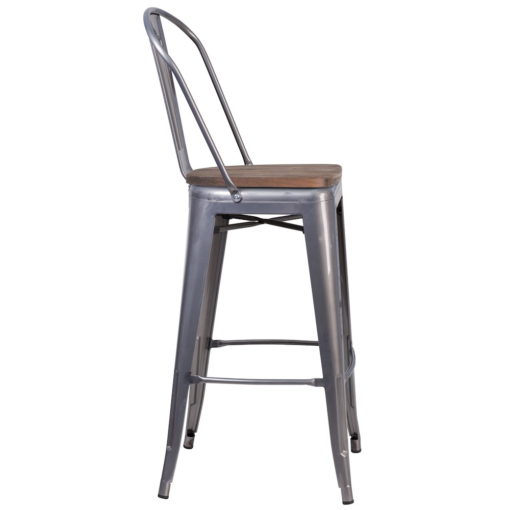 30" High Clear Coated Barstool with Back and Wood Seat. Picture 5