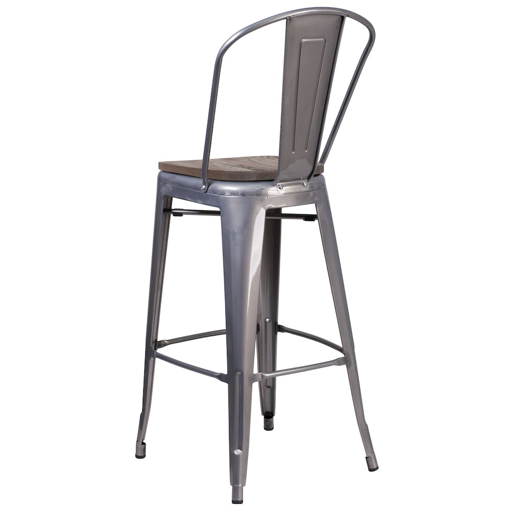 30" High Clear Coated Barstool with Back and Wood Seat. Picture 4