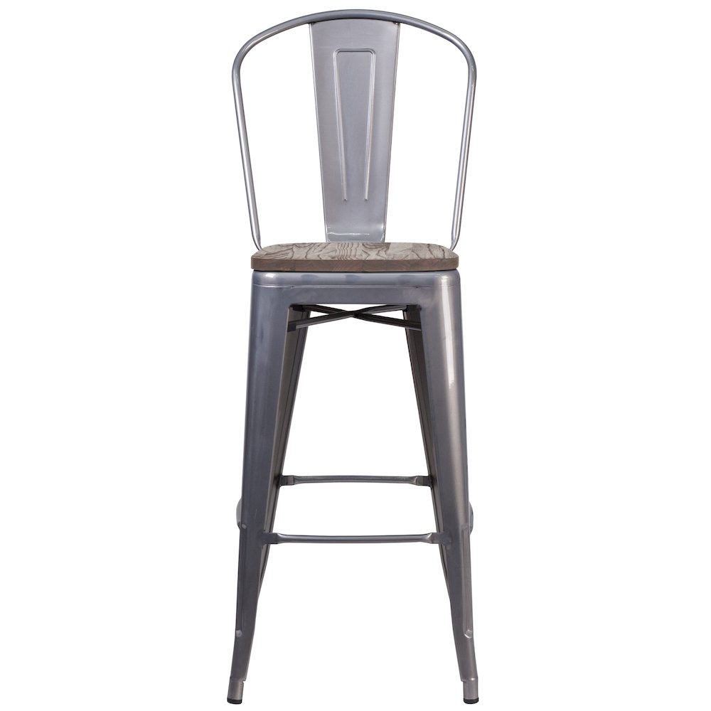 30" High Clear Coated Barstool with Back and Wood Seat. Picture 6