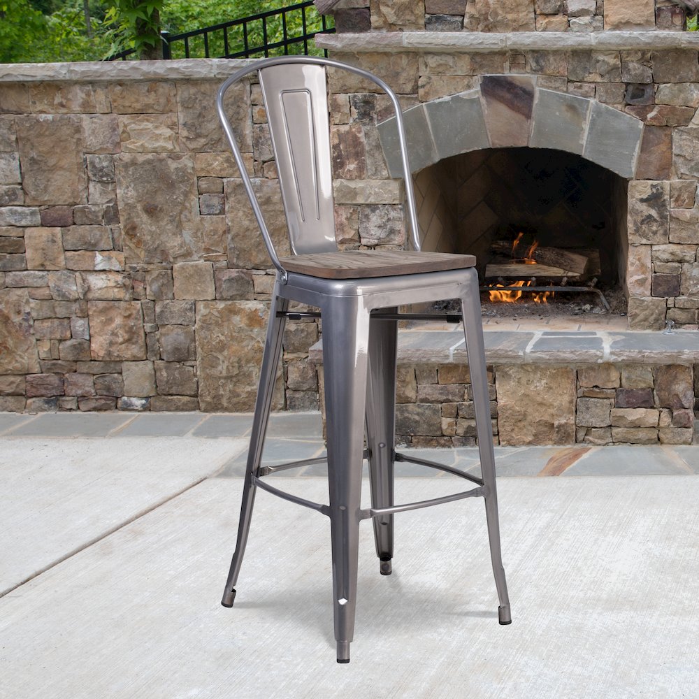 30" High Clear Coated Barstool with Back and Wood Seat. Picture 2