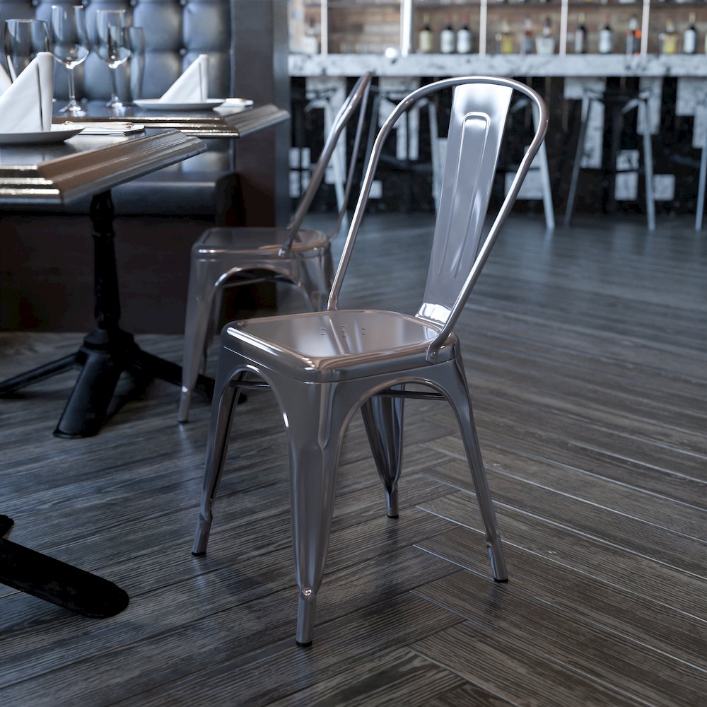 Clear Coated Metal Indoor Stackable Chair. Picture 2
