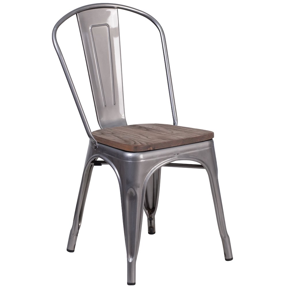 Clear Coated Metal Stackable Chair with Wood Seat. Picture 1