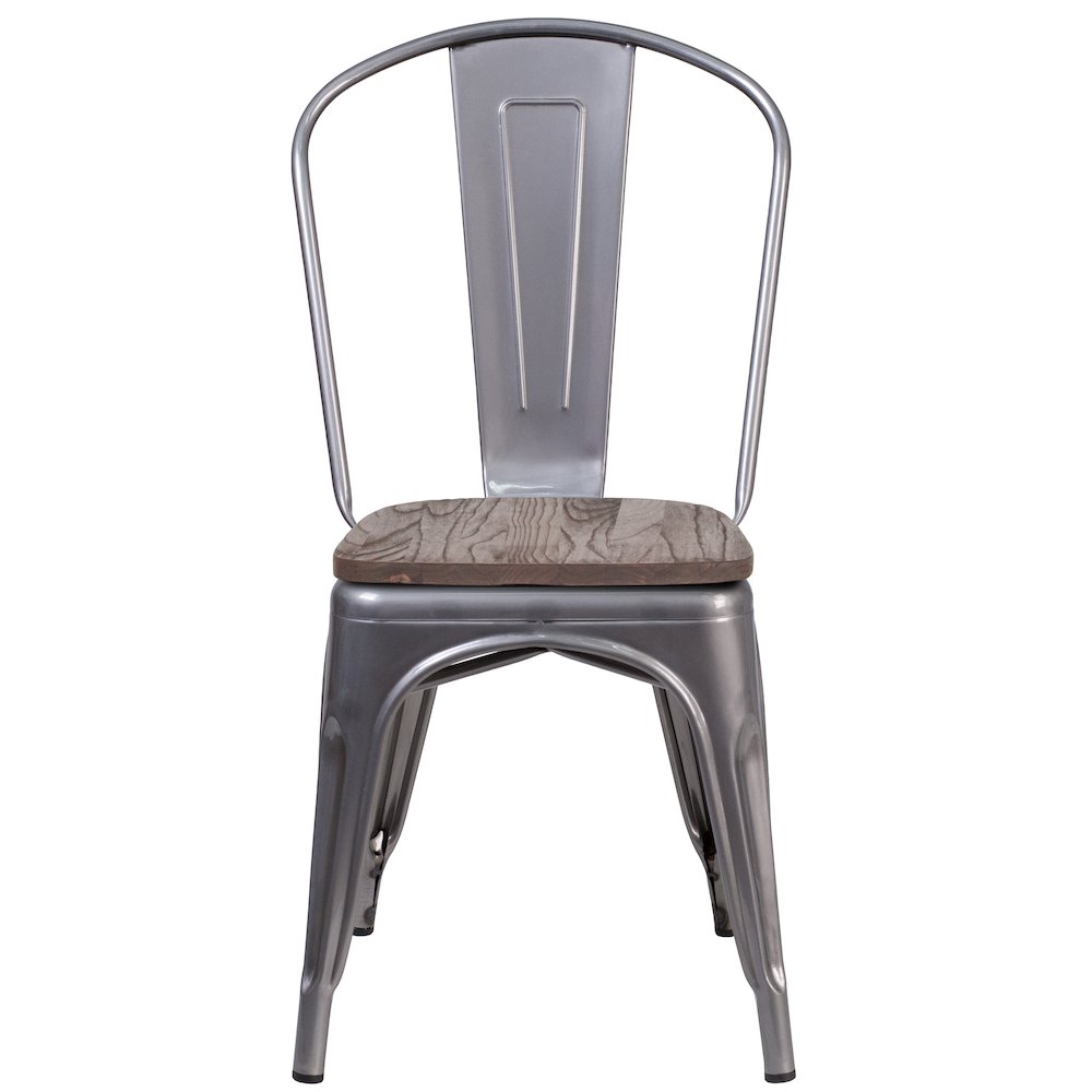 Clear Coated Metal Stackable Chair with Wood Seat. Picture 4