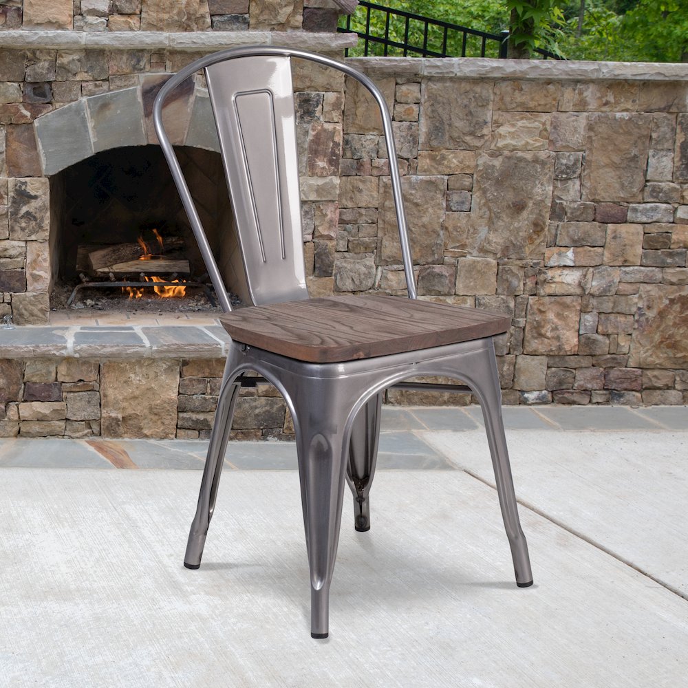 Clear Coated Metal Stackable Chair with Wood Seat. Picture 2