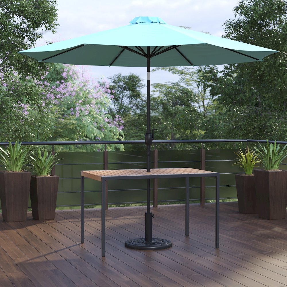 3 Piece Patio Table Set - 30" x 48" Patio Table with Teal Umbrella and Base. Picture 2