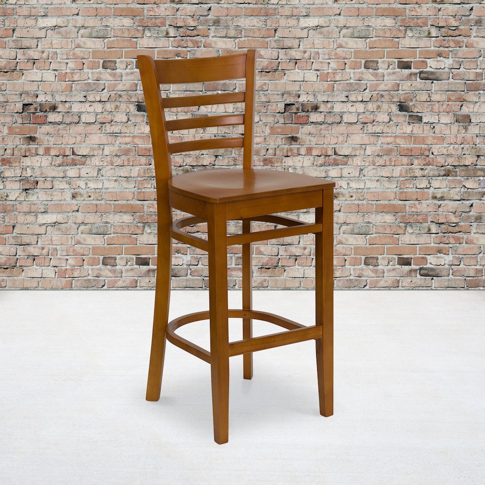 Ladder Back Cherry Wood Restaurant Barstool. Picture 2