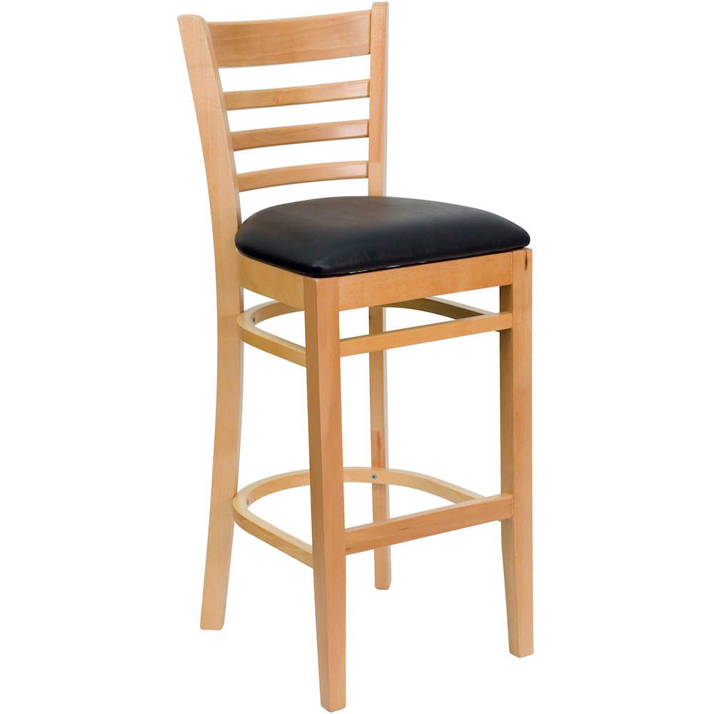Ladder Back Natural Wood Restaurant Barstool - Black Vinyl Seat. Picture 1
