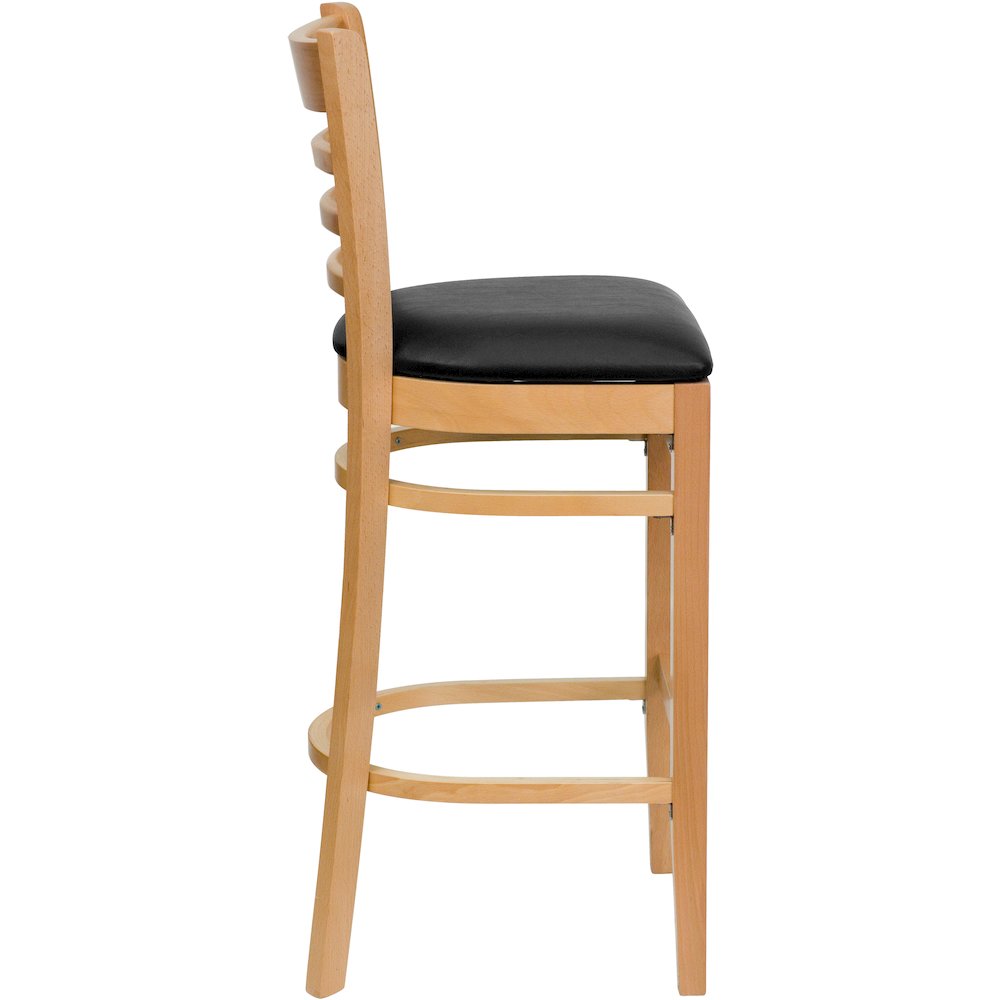 Ladder Back Natural Wood Restaurant Barstool - Black Vinyl Seat. Picture 2