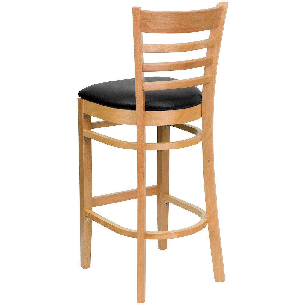 Ladder Back Natural Wood Restaurant Barstool - Black Vinyl Seat. Picture 3