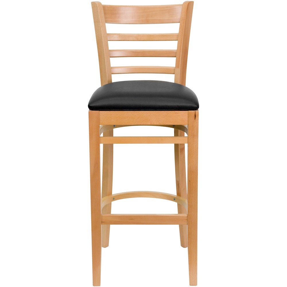 Ladder Back Natural Wood Restaurant Barstool - Black Vinyl Seat. Picture 4