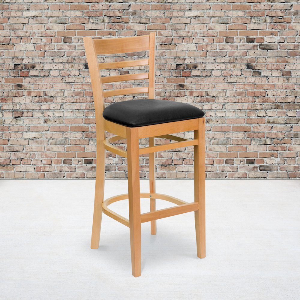 Ladder Back Natural Wood Restaurant Barstool - Black Vinyl Seat. Picture 5