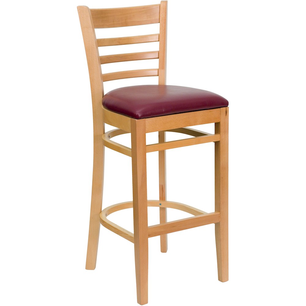 Ladder Back Natural Wood Restaurant Barstool - Burgundy Vinyl Seat. Picture 1
