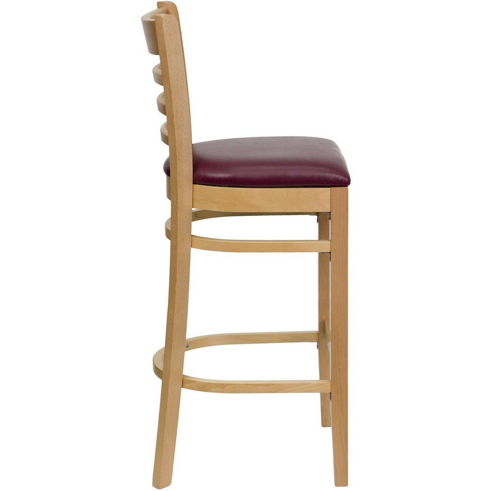 Ladder Back Natural Wood Restaurant Barstool - Burgundy Vinyl Seat. Picture 5