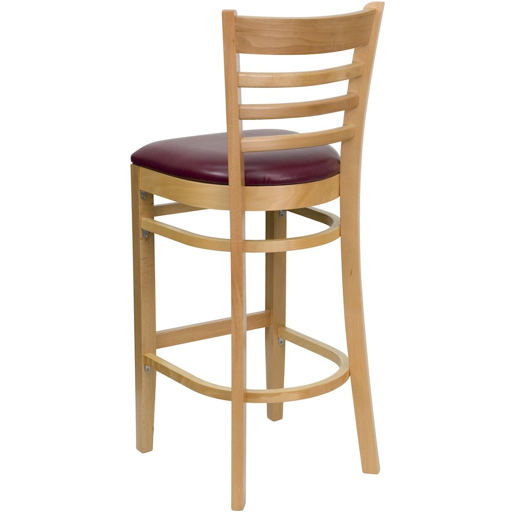 Ladder Back Natural Wood Restaurant Barstool - Burgundy Vinyl Seat. Picture 4
