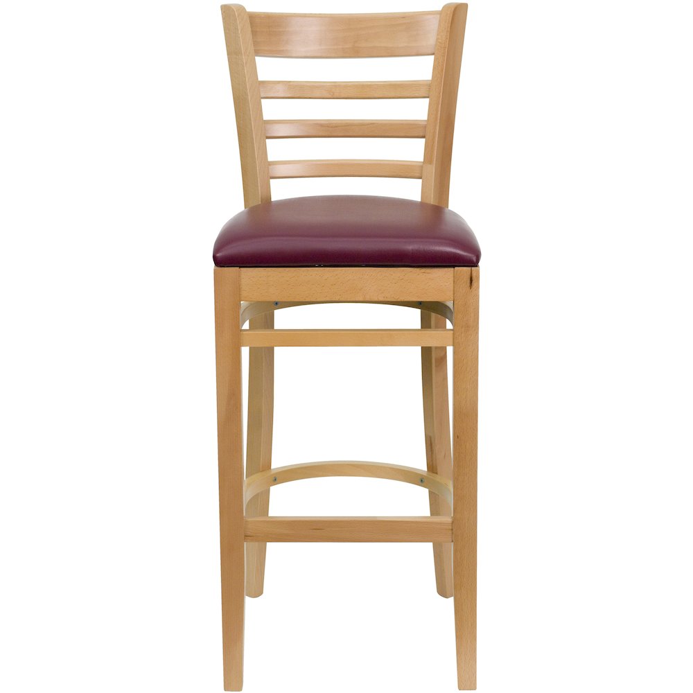 Ladder Back Natural Wood Restaurant Barstool - Burgundy Vinyl Seat. Picture 6