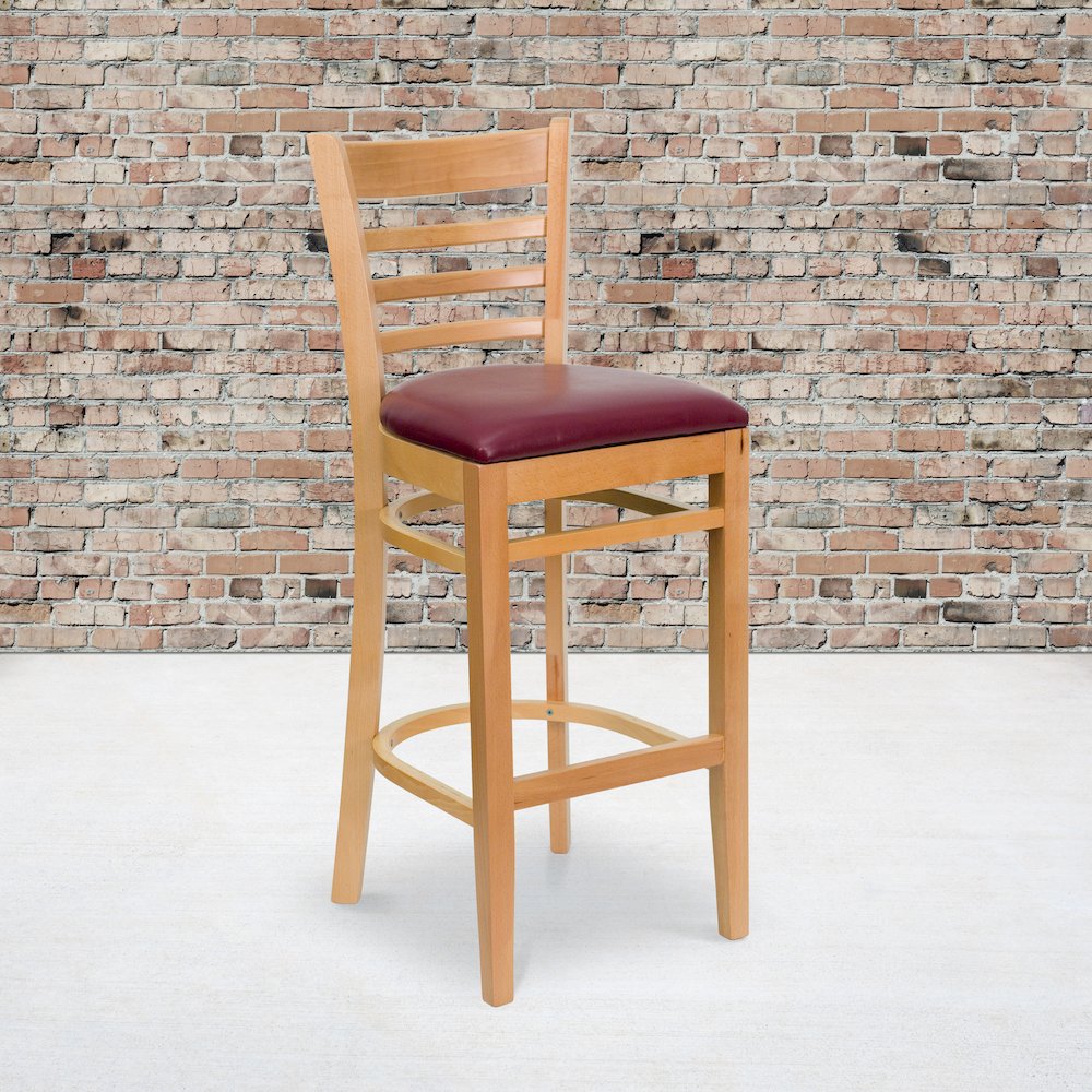 Ladder Back Natural Wood Restaurant Barstool - Burgundy Vinyl Seat. Picture 2