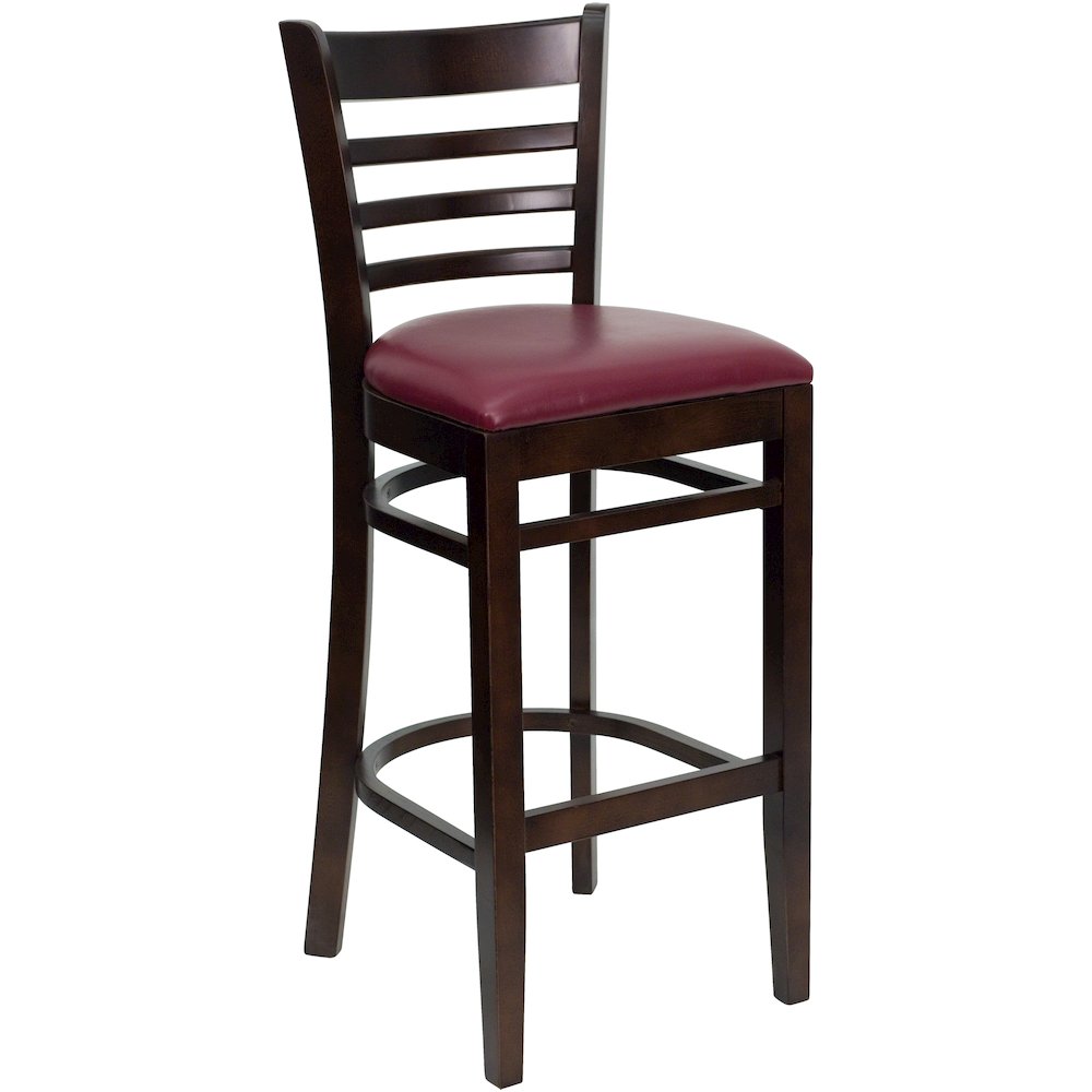 Ladder Back Walnut Wood Restaurant Barstool - Burgundy Vinyl Seat. Picture 1