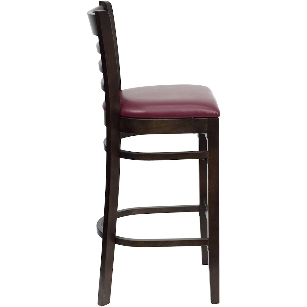 Ladder Back Walnut Wood Restaurant Barstool - Burgundy Vinyl Seat. Picture 5