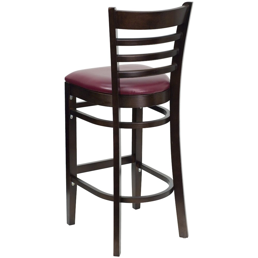Ladder Back Walnut Wood Restaurant Barstool - Burgundy Vinyl Seat. Picture 4