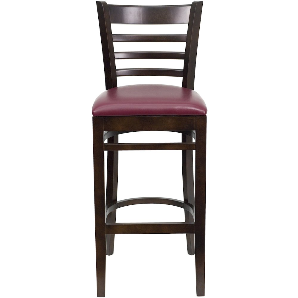 Ladder Back Walnut Wood Restaurant Barstool - Burgundy Vinyl Seat. Picture 6