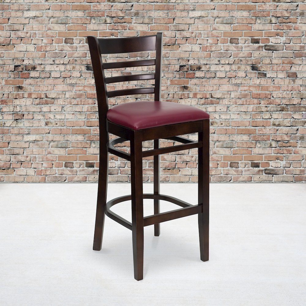 Ladder Back Walnut Wood Restaurant Barstool - Burgundy Vinyl Seat. Picture 2