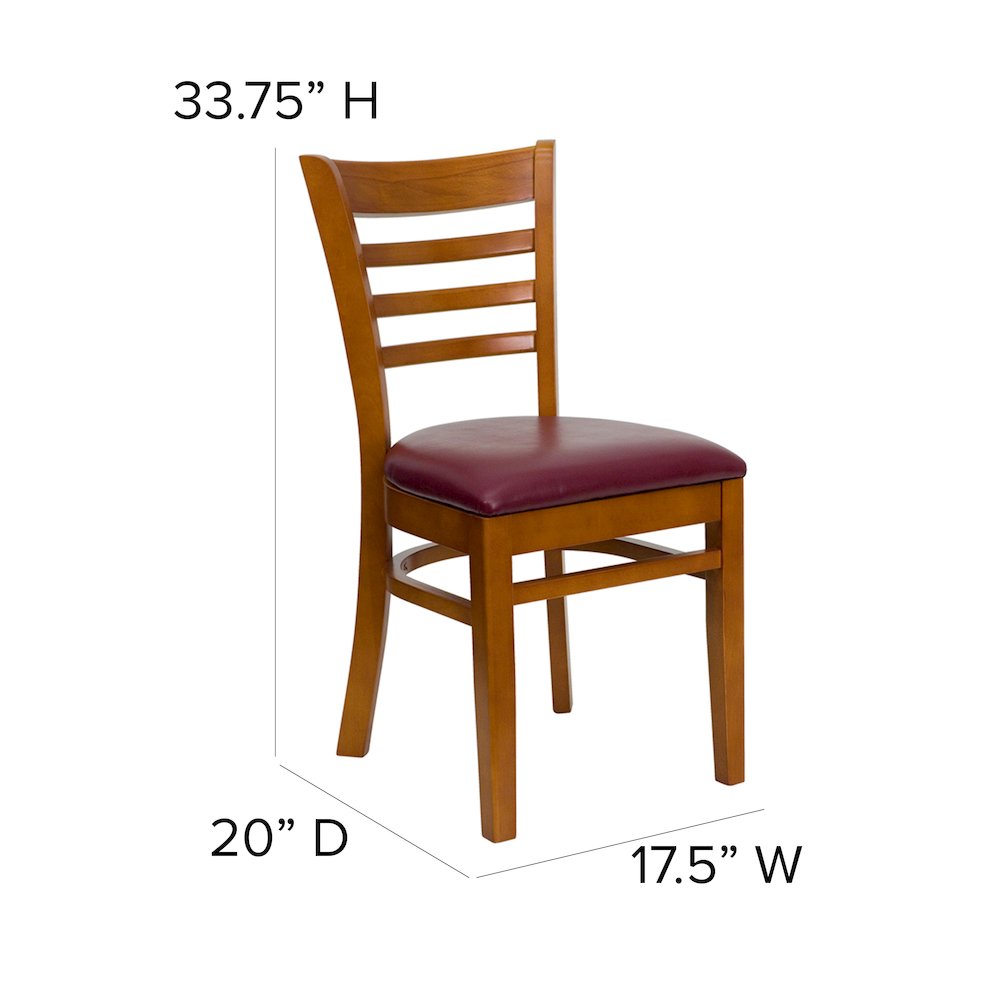 Ladder Back Cherry Wood Restaurant Chair - Burgundy Vinyl Seat. Picture 5